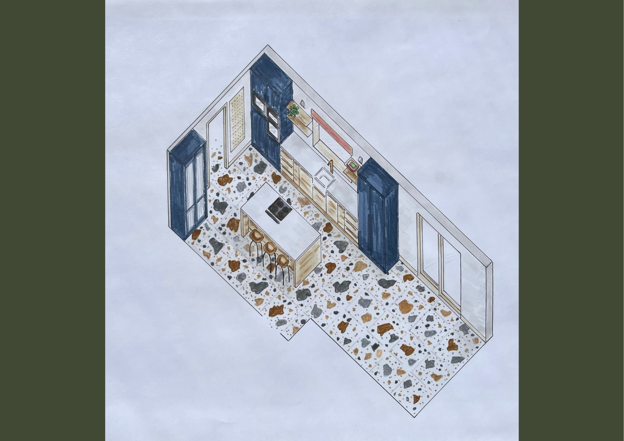 Interior Design Luxurious Family Kitchen Axonometric Hand Drawing