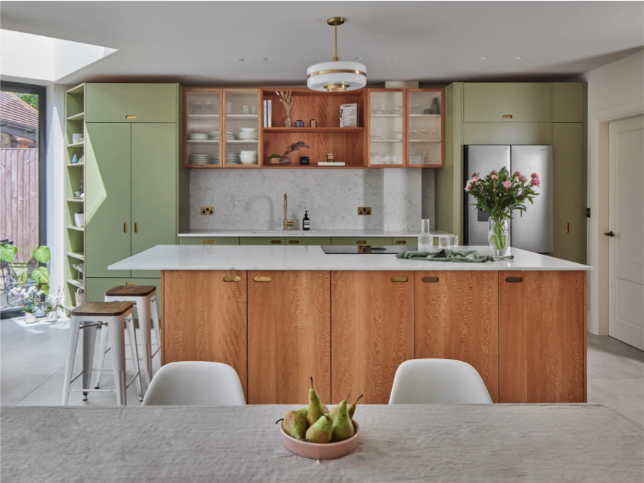 Kitchen Cabinet Colours For 2025: natural wood and green