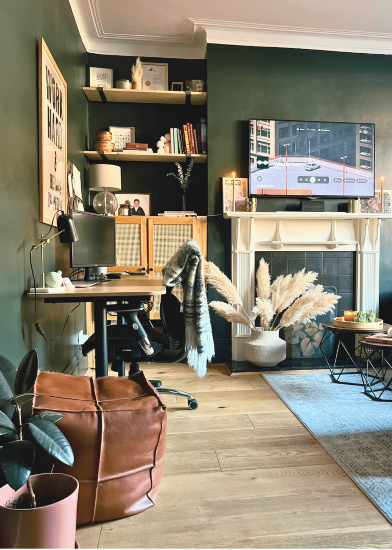 Cover Image of a transformed living room into a multi-functional home office with dark green walls and a workspace