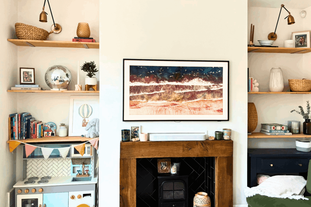 Open Plan Living - open shelving and fireplace